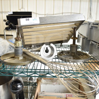 5-item lot: metal whisk, 2 Pelican head blades, mixer paddle attachment, vent cover. Bid multiplier: 5x. Includes tag "58".