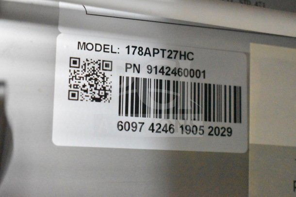 Label showing Avantco model 178APT27HC, commercial prep table, PN 9142460001 with barcode and QR code, on commercial casters.