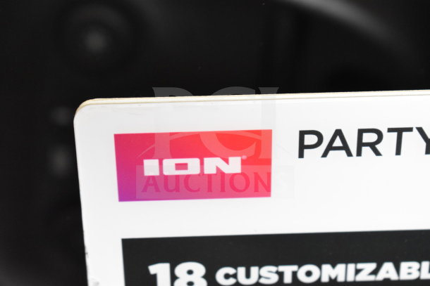ION Party Rocker Max store display sign, highlighting customizable features.