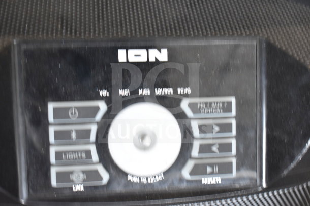 Ion Party Rocker Max speaker with control panel, featuring volume, mic, source, and echo settings. Store display condition.