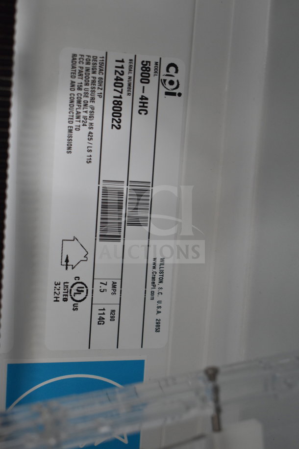 Crane 5800-4 commercial drink vending machine, bill acceptor; 115V, 1-phase. Serial: 112407180022, UL listed.