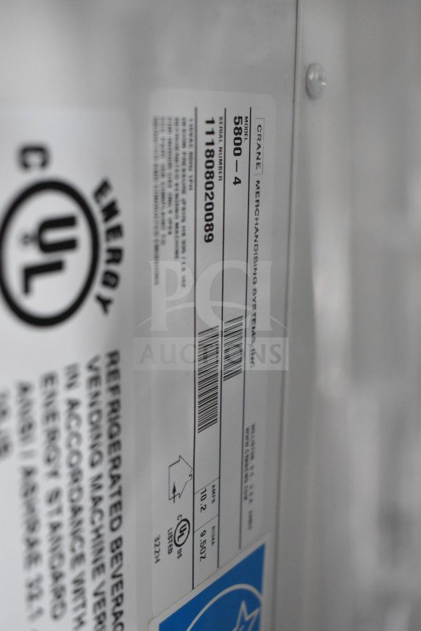 Crane 5800-4 commercial bottled drink vending machine label, showing model, serial number, UL Energy certification.