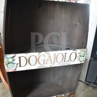 Half Barrel Shelving Unit with floral decorations and "Dogajolo" labeling, used condition, sturdy wood construction.