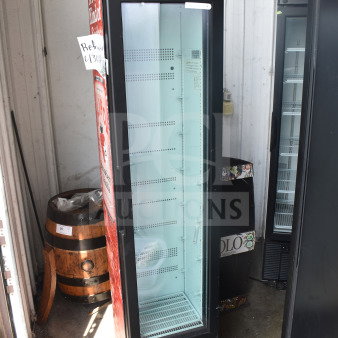 IDW G-11-C33EB Commercial Single Door Cooler, 115V, branded "OLIPOP". Black exterior, glass door, interior shelving visible.