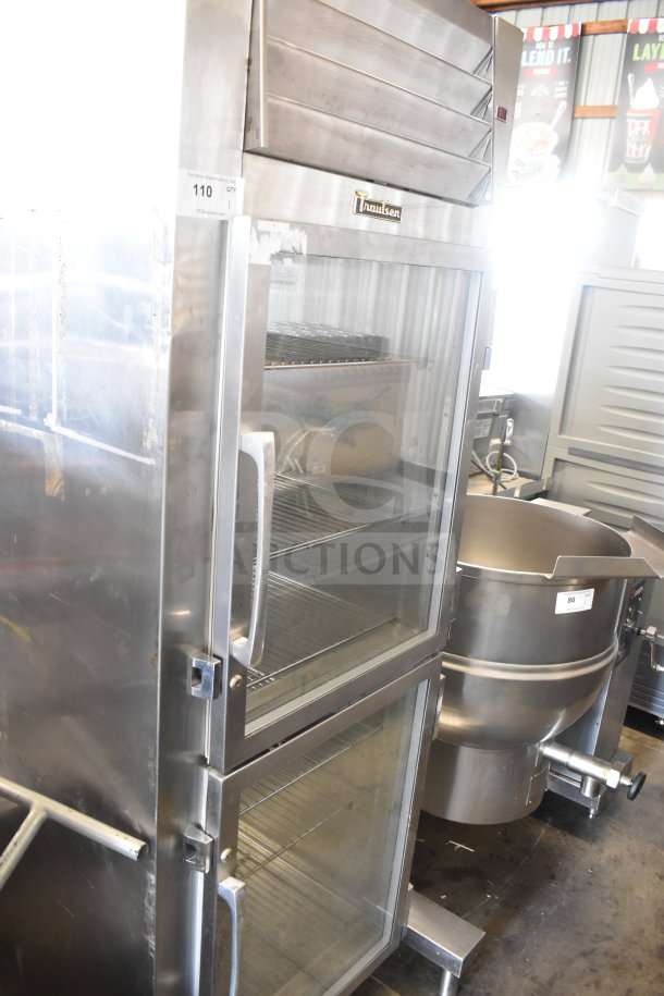Traulsen RHT132WPTHHG commercial reach-in cooler, missing doors, stainless steel, 115V, 1 phase, partial glass panels.