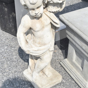 Stone statue of a cherub carrying a floral basket, showing slight weathering. Measures approximately 2 feet tall.