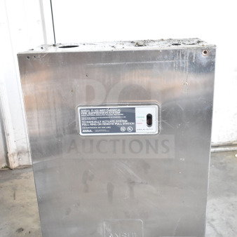 Ansul fire suppression system box with tank, stainless steel, visible label with instructions, serial number.