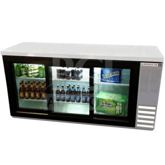 Brand new Beverage-Air 72" back bar merchandiser refrigerator, model BB72HC-1-F-GS-S-27-ALT, with triple sliding glass doors.