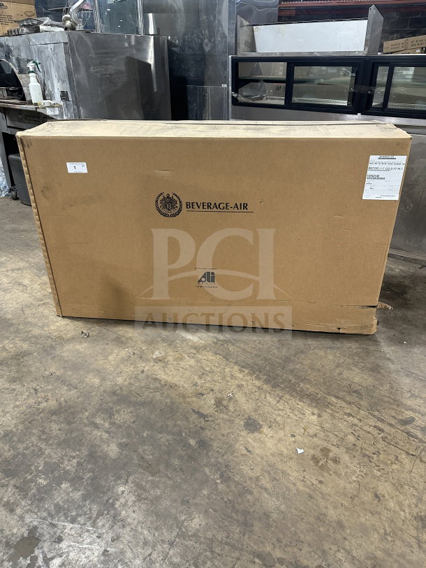 Beverage-Air commercial fridge in unopened box; model BB72HC-1-F-GS-S-27-ALT. New condition with visible labels.