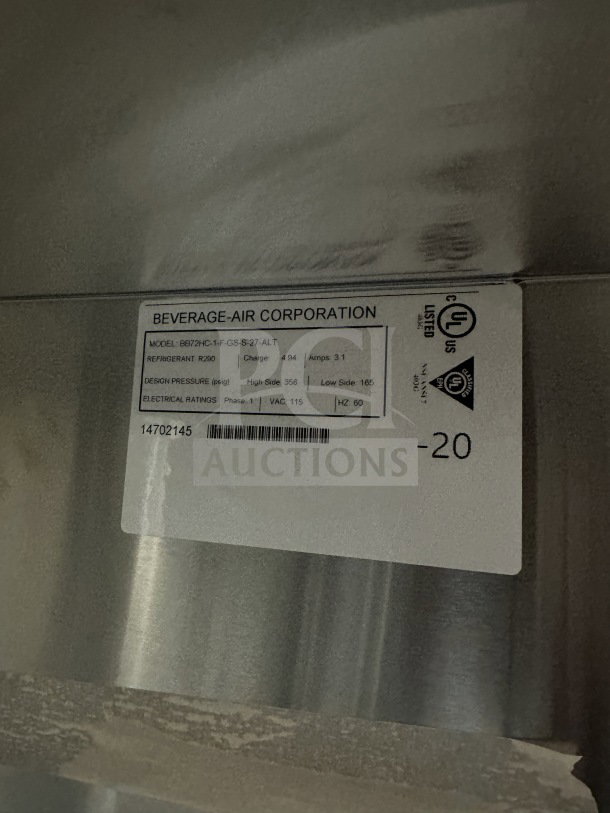 Beverage-Air commercial back bar refrigerator, model BB72HC-1-F-GS-S-27-ALT, stainless steel, triple sliding glass doors.