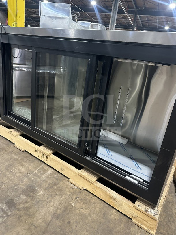 Brand new Beverage-Air commercial stainless steel triple sliding glass door back bar refrigerator, model BB72HC-1-F-GS-S-27-ALT.