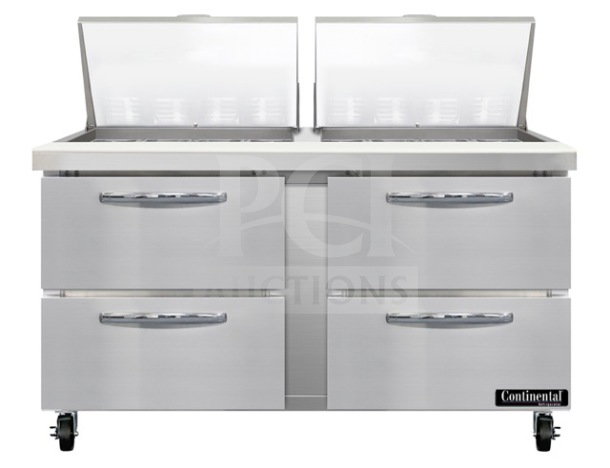 Brand new Continental SW602N24MD00 60" stainless steel sandwich prep table with 4 drawers and casters, 115V, 1 phase.