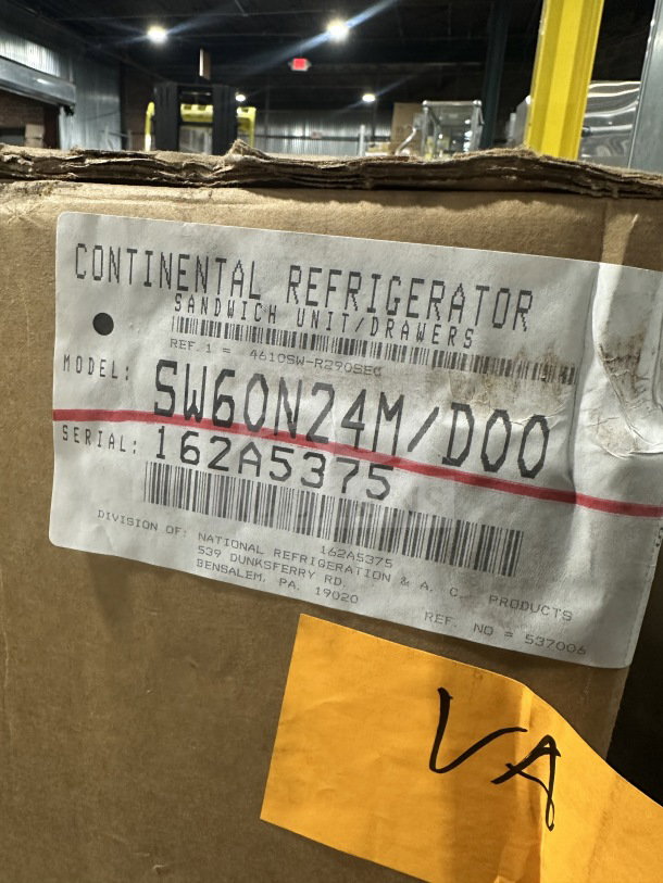 Alt text: "Continental SW602N24MD00 prep table refrigerator label, model and serial number visible, new condition."