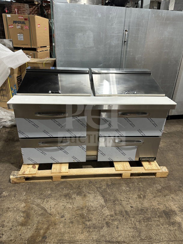 Brand new Continental SW602N24M/D00 stainless steel 60" sandwich prep table with four drawers, on casters, 115V, 1 phase.
