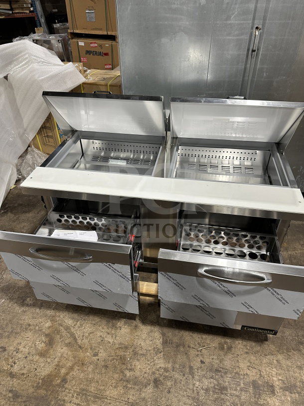 Brand new Continental stainless steel 60" sandwich prep table refrigerator, model SW602N24MD00, with four drawers and casters.