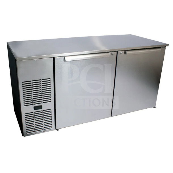 Brand new Glastender C1FL60 stainless steel 2-door back bar refrigerator, 120V, 1 phase, SN: 290206722.
