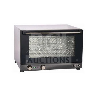 Brand new Cadco OV013 stainless steel half-size countertop convection oven, 3-pan capacity, electric, 120V, model SN: 2023G0073555.