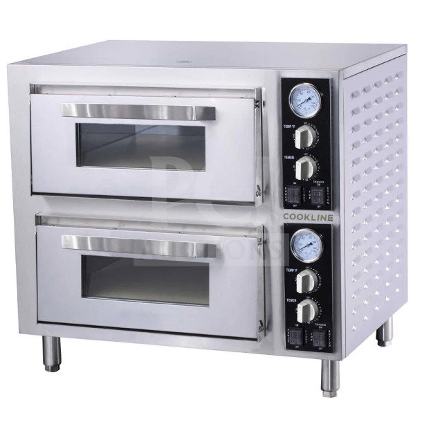 Brand new Cookline CPO-2D commercial stainless steel double deck pizza oven with independent chambers and temperature controls.