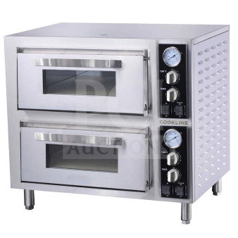 Brand new Cookline CPO-2D commercial stainless steel double deck pizza oven with independent chambers and temperature controls.