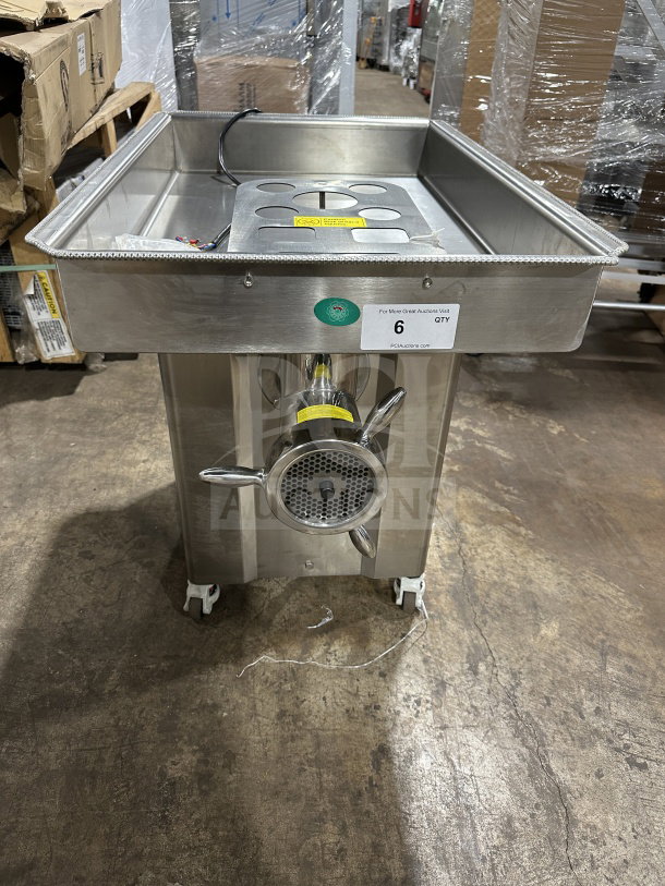 Brand new Vevor DJ42 stainless steel electric meat grinder, industrial cabinet design, 220/240V. Model DJ-42, SN: 25050153396910015.