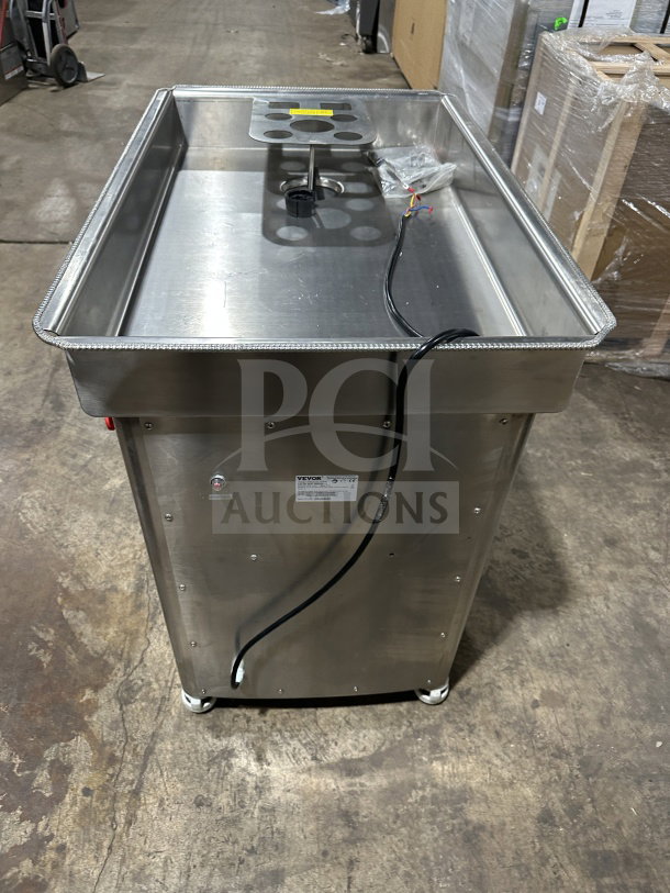 Brand new Vevor DJ42 commercial stainless steel meat grinder; electric-powered, industrial cabinet model, 220/240V.