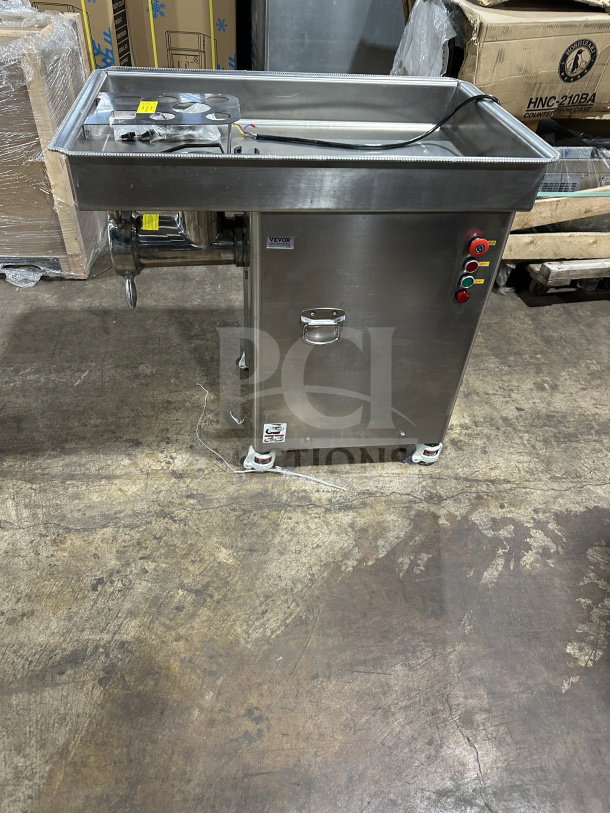 Brand new Vevor DJ42 commercial stainless steel meat grinder, electric powered, with control buttons, model DJ-42, 220/240V.