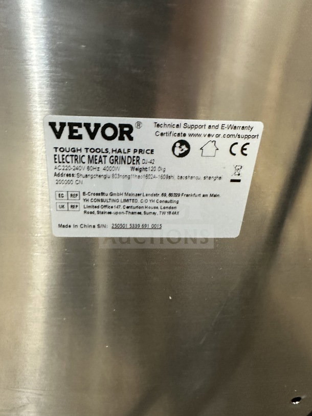 Vevor DJ42 stainless steel electric meat grinder, brand new, 220/240V, model and serial number label visible.