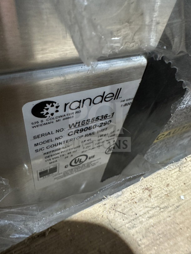 Brand new Randell Commercial Stainless Steel Refrigerated Countertop Condiment Rail Unit, Model CR9060290, SN W16855361.