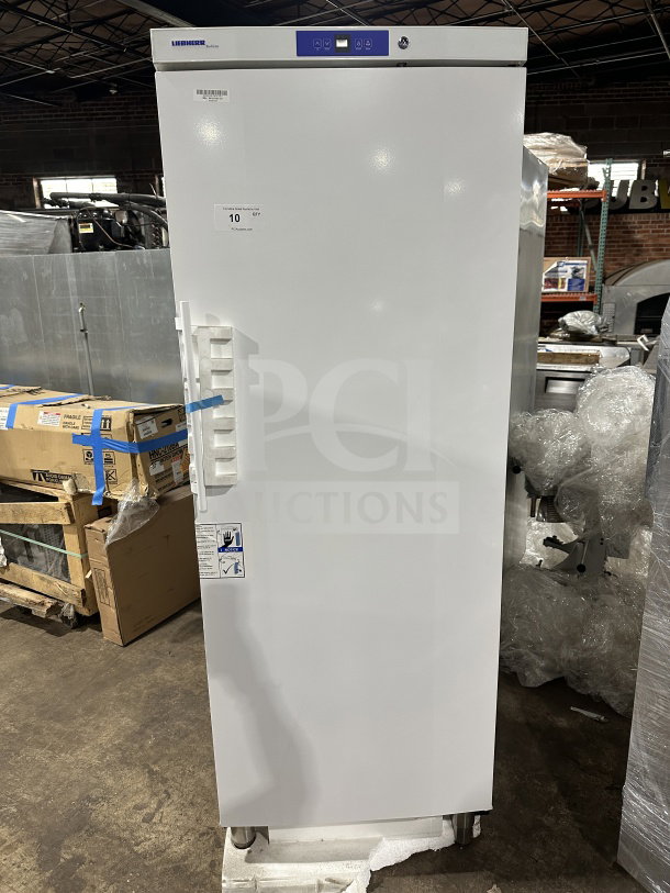 Brand new Liebherr GRB23W1HFC commercial refrigerator, single door, digital controls, chrome rack, 115V, on legs.