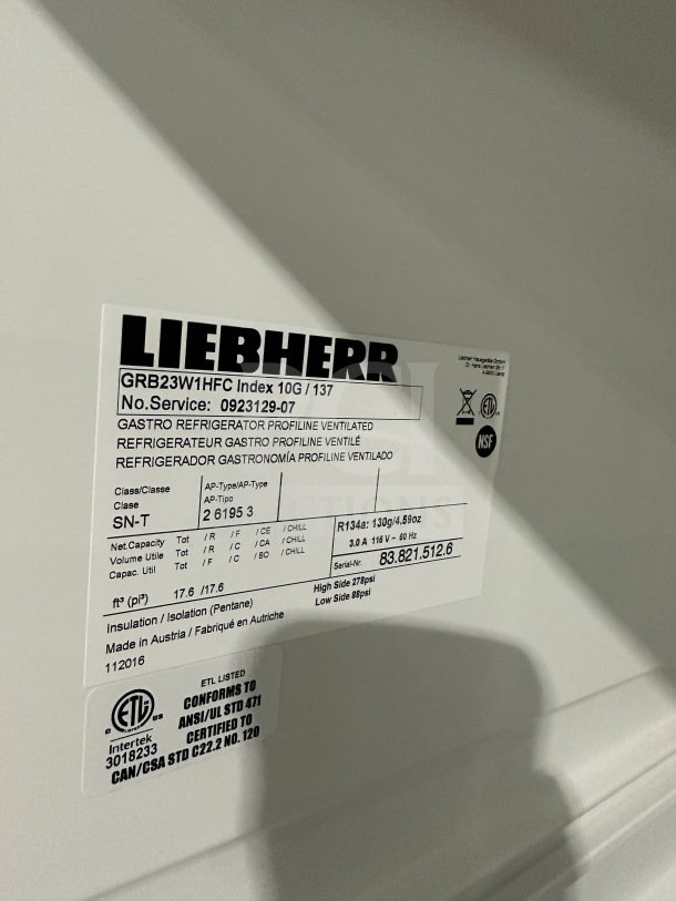 BRAND NEW Liebherr GRB23W1HFC refrigerator with digital controls, chrome rack, ETL listed label, designed for 115V. Model: GRB23W1HFC.