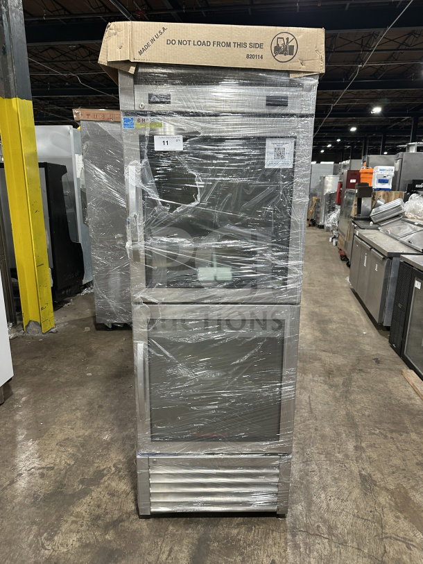 Brand new True stainless steel 23DTGHCFGD01 refrigerator/freezer, electric, 2-glass half doors, 115V, wrapped.