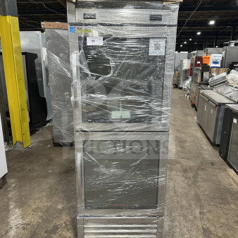 Brand new True stainless steel 23DTGHCFGD01 refrigerator/freezer, electric, 2-glass half doors, 115V, wrapped.