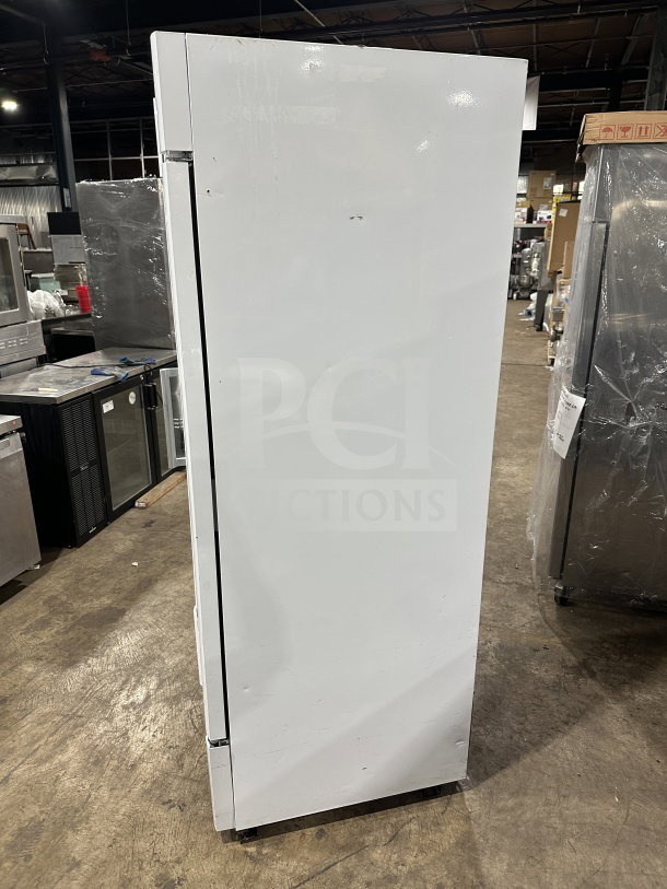Turbo Air TGM-23SDW commercial refrigerator, white, single glass door, brand new, on casters, electric, 110-120V, 1 phase.