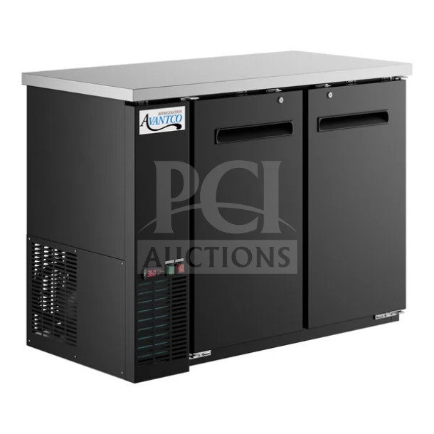 Brand new Avantco 48" commercial stainless steel back bar cooler, model 178UBB48HC, with black solid swing 2-doors and poly-coated wire rack.