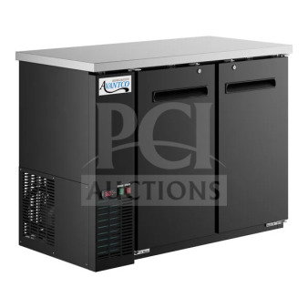 Brand new Avantco 48" commercial stainless steel back bar cooler, model 178UBB48HC, with black solid swing 2-doors and poly-coated wire rack.
