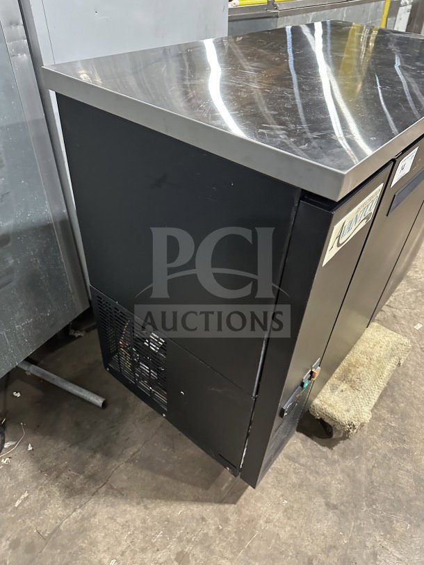 Brand new Avantco 48" black stainless steel countertop cooler, model 178UBB48HC, with poly-coated wired rack.