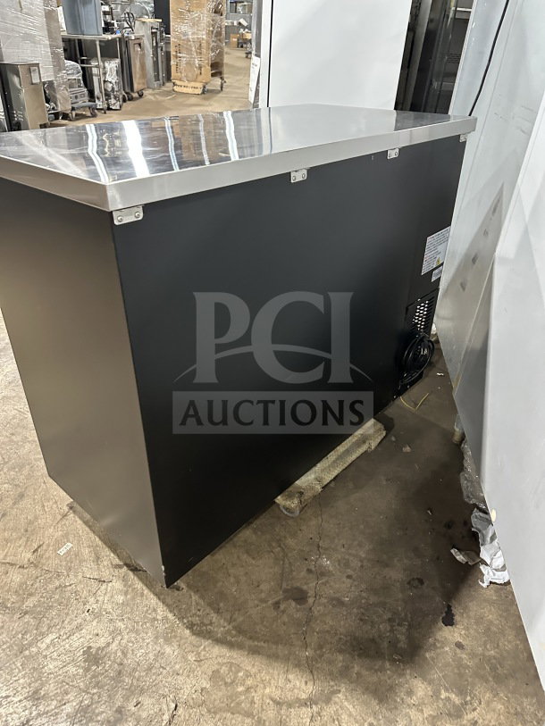 Brand new Avantco 48" commercial stainless steel countertop black 2-door back bar cooler, Model 178UBB48HC, shown from the side.