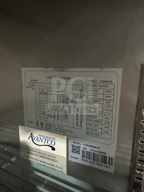 Alt text: Avantco 48" stainless steel back bar cooler, model 178UBB48HC, new condition, with poly coated wired rack.
