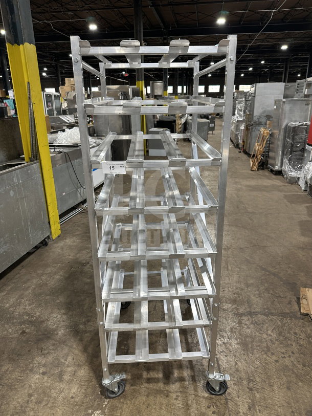 Brand new Channel Commercial heavy-duty aluminum FIFO can rack, model CSR-156M, 156 can capacity, on casters.