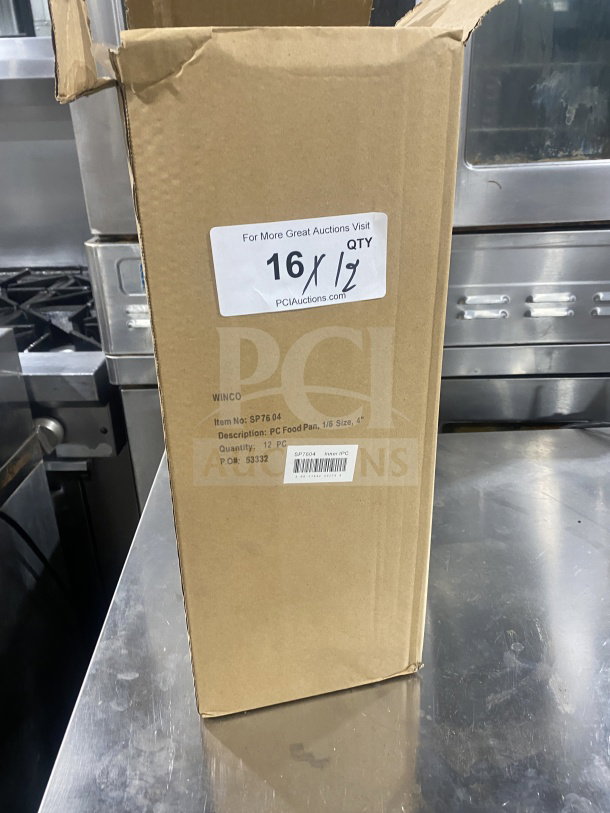 Brand new Winco SP7604 polycarbonate 1/6 size food pan, model SP7604, quantity 12, in original packaging.