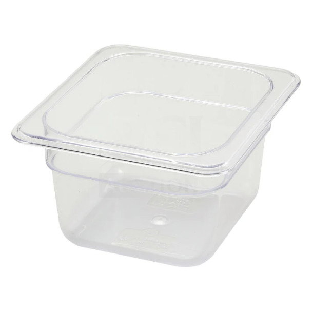 Brand new Winco commercial polycarbonate 1/6 size food pan, model SP7604. Clear, durable, with serial number 811642002754.
