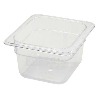 Brand new Winco commercial polycarbonate 1/6 size food pan, model SP7604. Clear, durable, with serial number 811642002754.