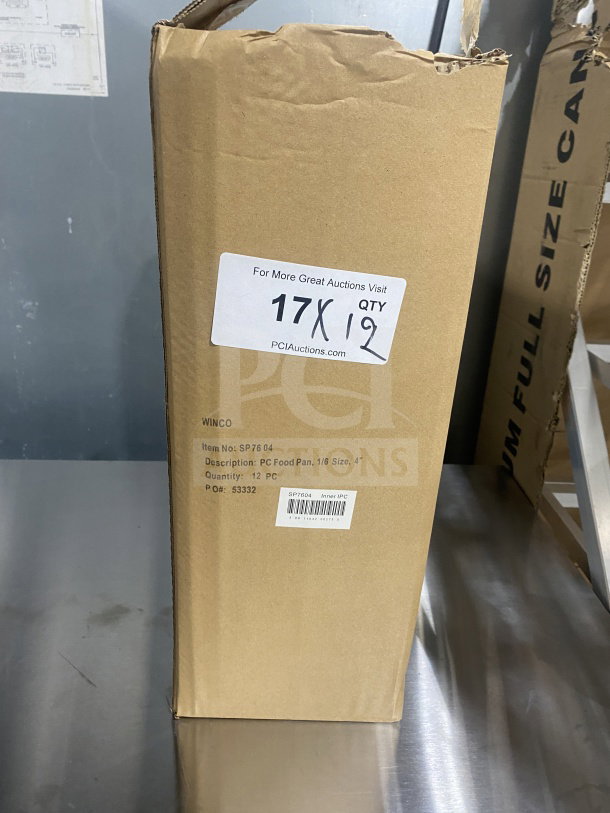 Brand new Winco Commercial Polycarbonate 1/6 Size Food Pan, Model SP7604. Box of 12 pans, 4" depth. Appears unopened.