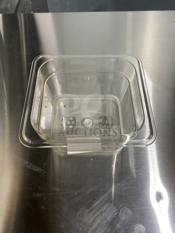 Brand new Winco SP7604 polycarbonate 1/6 size food pan. Clear material, commercial quality, SKU SN: 811642002754.