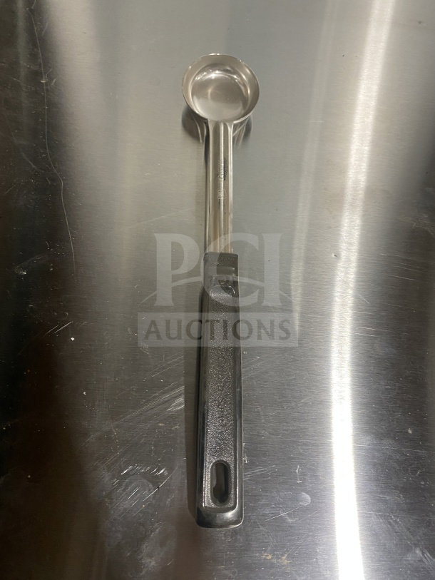 Brand new Volrath 1 oz solid round spoodle, stainless steel, black Grip 'N Serve handle, Model 61147.