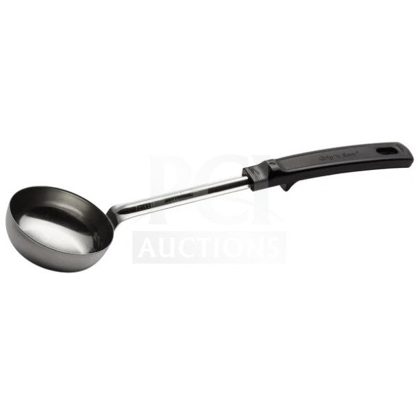 Brand new Volrath 4 oz. stainless steel spoodle, model 61172, with Grip 'N Serve black handle, ideal for portion control.