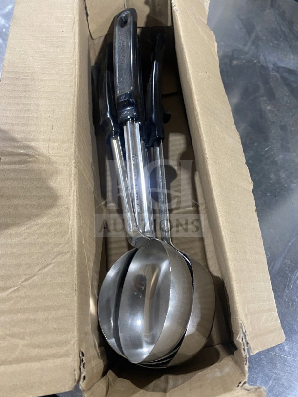 BRAND NEW Volrath Model 61172 4 Oz. Black Solid Round Stainless Steel Spoodles with Grip 'N Serve Handles in box.