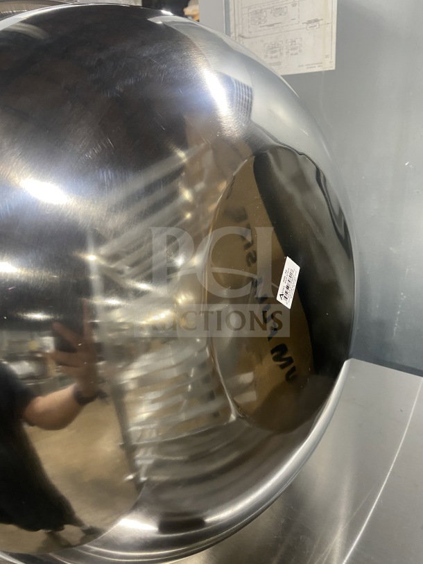 Brand new Adcraft stainless steel 30Qt mixing bowl, model SBL-30, SN: 46563798017, reflective surface.