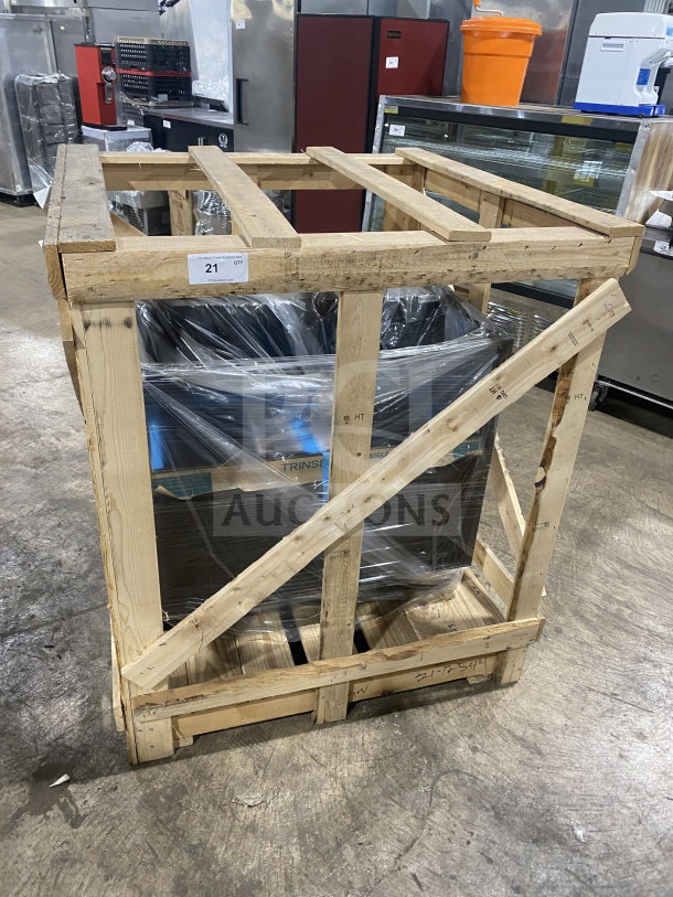 Brand new Structural Concepts Oasis Series CO3324R refrigerated display case in wooden crate, ready for auction.