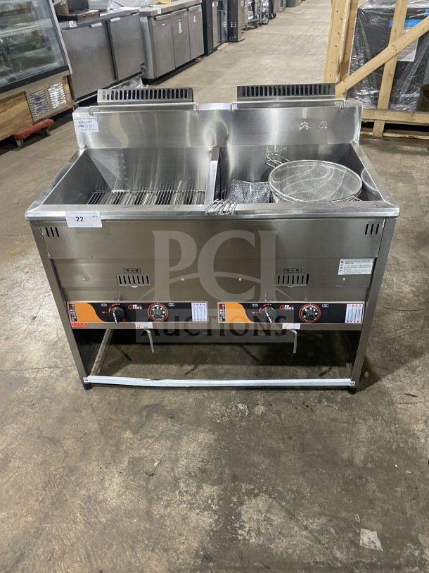 Brand new Gaoji Gorgeous gas fryer, model MHGF-2T46F, stainless steel, double tank, free-standing with legs.
